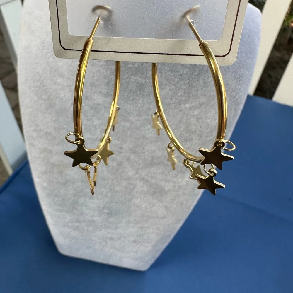 New Stainless Steel Gold Star Hoop Earrings - Picture 6 of 11